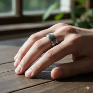 Men's mixed metal wedding band with a polished cobalt chrome sleeve and a contrasting titanium inlay.