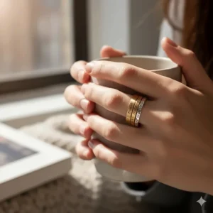 A fashion-forward stack of rose gold, yellow gold, and silver personalized rings worn together.