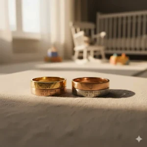 A symbolic set of personalized stackable rings representing family members with initials and dates.