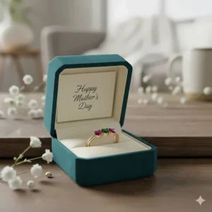 A custom birthstone ring for mom presented in a luxury velvet gift box with a "Happy Mother's Day" card.
