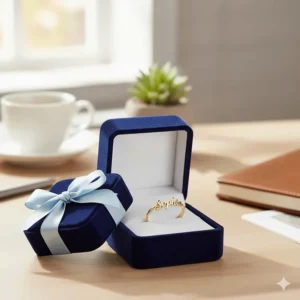 An illustration of a custom name ring inside a premium velvet gift box with a ribbon.