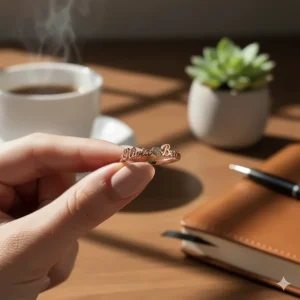 Illustration of a personalized name ring featuring a dainty heart symbol between two custom names.