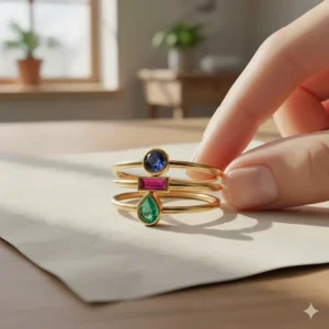 Close-up of thin gold bands with different colored birthstones designed for stacking.