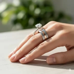 Modern platinum and rose gold mixed metal wedding band, paired beautifully with an engagement ring.