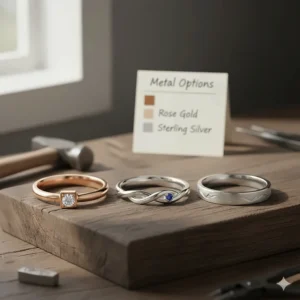 Comparison of customizable promise rings in rose gold, white gold, and sterling silver finishes on a wooden workbench.