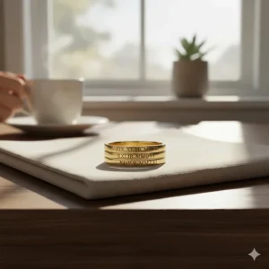 Minimalist gold stackable rings engraved with significant dates in Roman numerals.