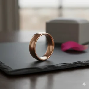 Elegant photograph of a stunning rose gold comfort fit wedding band with a polished finish.