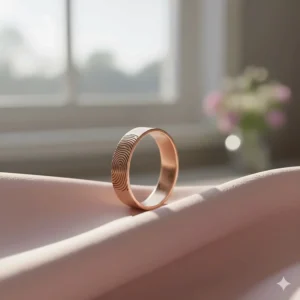 Delicate rose gold ring for women featuring a personalized fingerprint pattern.