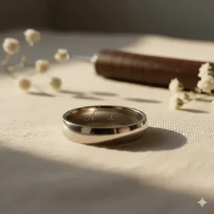 Simple, classic white gold wedding band featuring a clean, subtle engraving of the couple's initials on the inner surface.