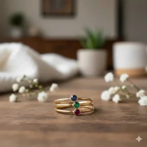 An illustration of three thin gold stackable birthstone rings for mom with small sapphire, emerald, and ruby accents.