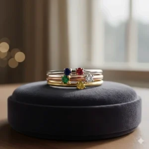 Photorealistic stack of thin gold, rose gold, and silver bands with small birthstone accents for partners.