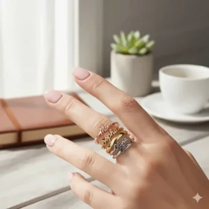 Creative illustration of three stackable personalized name rings featuring different family names.