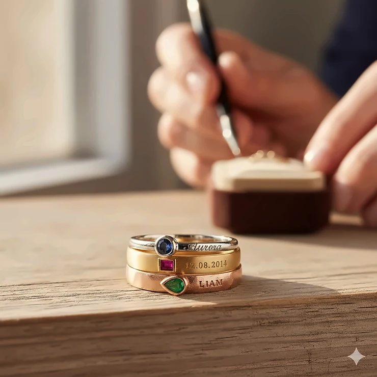 A curated stack of three personalized gold and silver rings featuring custom engraved names and birthstones. stackable personalized rings