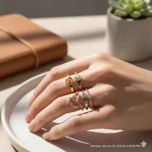 Three stackable zodiac sign rings in mixed metals—gold, silver, and rose gold—on a model's finger.