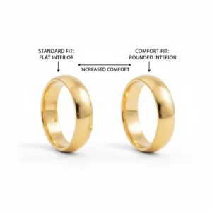 Side-by-side comparison of a standard fit wedding band and a comfort fit wedding band to show the difference in interior curvature.