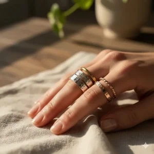 A variety of personalized stacking rings featuring hammered, polished, and twisted band textures.
