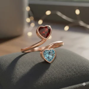 A rose gold "You and Me" style ring featuring a heart-cut ruby and aquamarine representing a couple.