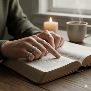 A person wearing multiple silver bible verse rings engraved with inspirational quotes while holding a leather-bound bible.