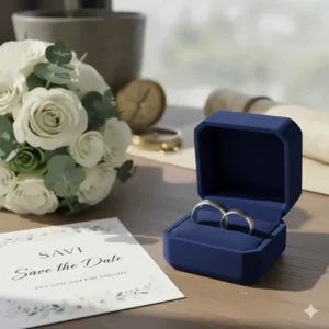 Custom wedding rings engraved with the coordinates of the marriage ceremony location in a velvet box.