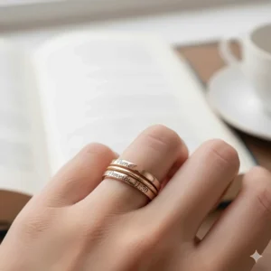 Delicate rose gold bible verse ring engraved with a thin cursive font, perfect for stacking or as a promise ring.