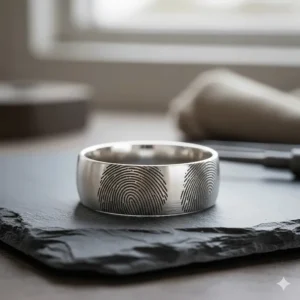 A wide sterling silver band with a fingerprint pattern that wraps entirely around the exterior.