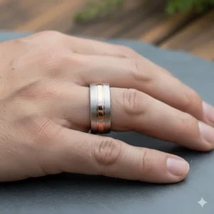 Classic yellow gold and white gold mixed metal wedding band, a popular choice for durability and style.