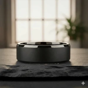 Detailed view of a matte black wedding band with polished beveled edges for contrast.