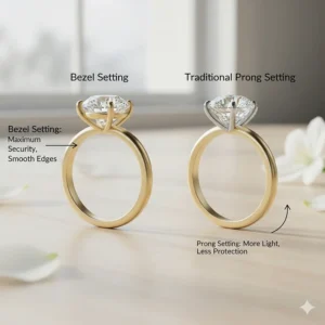 An illustration comparing a bezel set engagement ring vs a traditional prong setting to show diamond security.