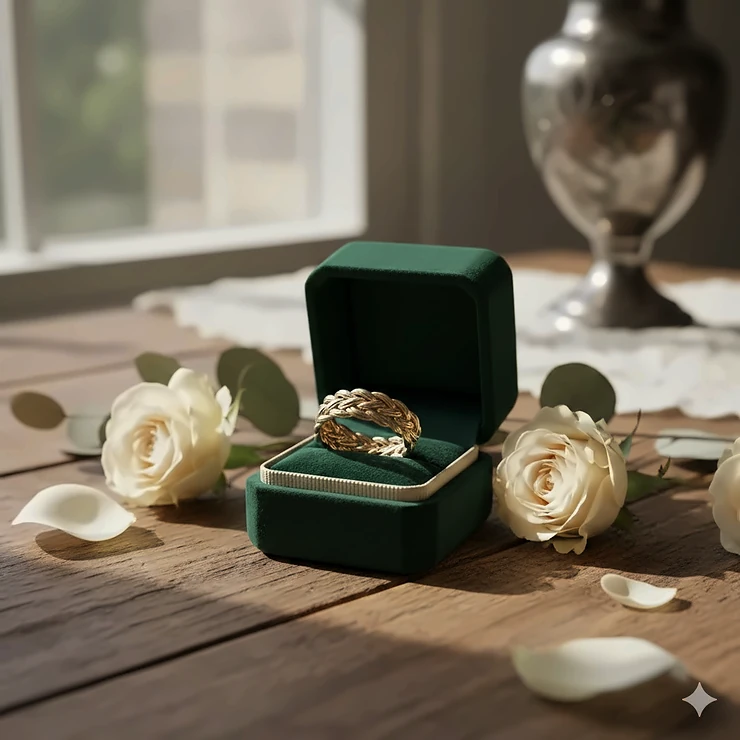 A handcrafted 14k gold braided wedding ring displayed on a velvet ring box with soft floral accents.