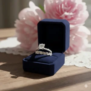 A braided wedding ring paired with a round-cut solitaire engagement ring as a matching set.