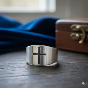 A polished sterling silver ring featuring an engraved Christian cross symbol. religious symbol rings