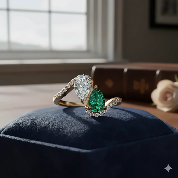 A luxurious pear-cut diamond and emerald toi et moi ring set in a 14k yellow gold band.