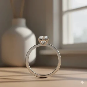 Detailed side profile view of a minimalist engagement ring showcasing a high-polish silver band and four-prong setting.