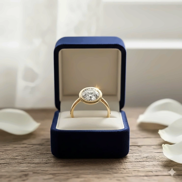 A round brilliant cut diamond in a polished gold bezel set engagement ring, shown on a velvet ring box.