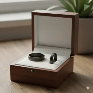 Matching set of matte black wedding bands for him and her in a jewelry box.