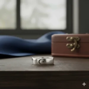 A minimalist silver ring depicting the Islamic Crescent Moon and Star symbol.