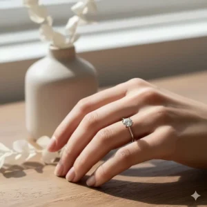 Real-life scale view of a dainty minimalist engagement ring worn on a finger to show band proportions.