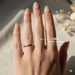Illustration of a 1.5mm delicate thin wedding band on a finger to demonstrate its dainty and minimalist profile.