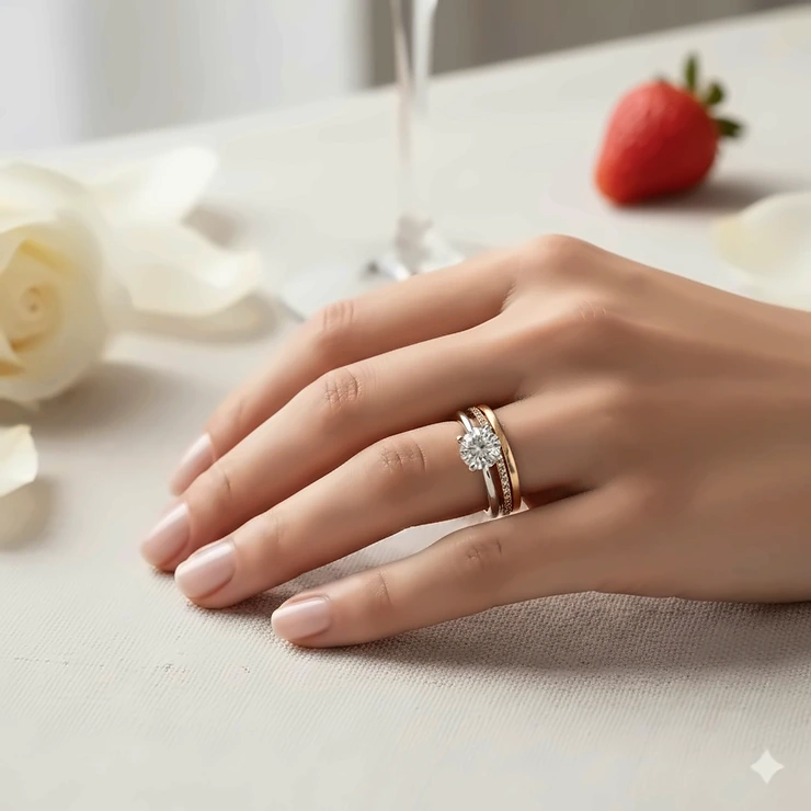 A bride wearing a stack of delicate thin wedding bands in 14k gold paired with a classic solitaire diamond engagement ring.