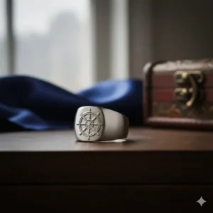 A stainless steel band featuring the Buddhist Dharma Wheel religious symbol.