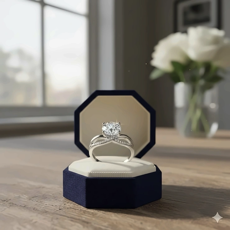 A brilliant-cut diamond infinity engagement ring in a platinum setting, showcased on a blue velvet ring box.