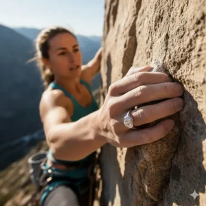 An illustration highlighting the durability of a bezel set engagement ring for active lifestyles.