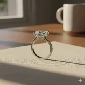Profile view of an east-west engagement ring showing the low-profile horizontal basket setting.
