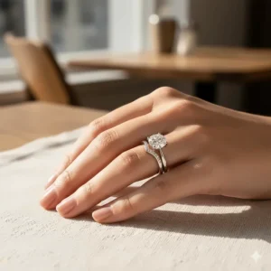 A stackable east-west engagement ring paired with a matching contoured wedding band.