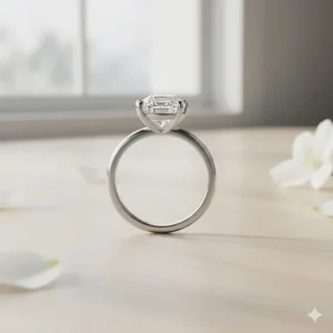 An emerald cut diamond secured in a sleek platinum bezel set engagement ring setting.