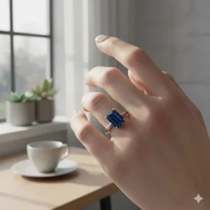 An elegant emerald cut sapphire set horizontally in an east-west engagement ring setting.