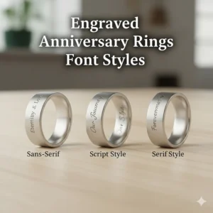A selection of serif, sans-serif, and script font styles for personalized engraved anniversary rings.