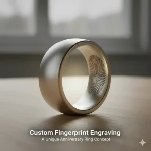 Unique anniversary ring design featuring a laser-engraved fingerprint of a spouse on the interior metal.