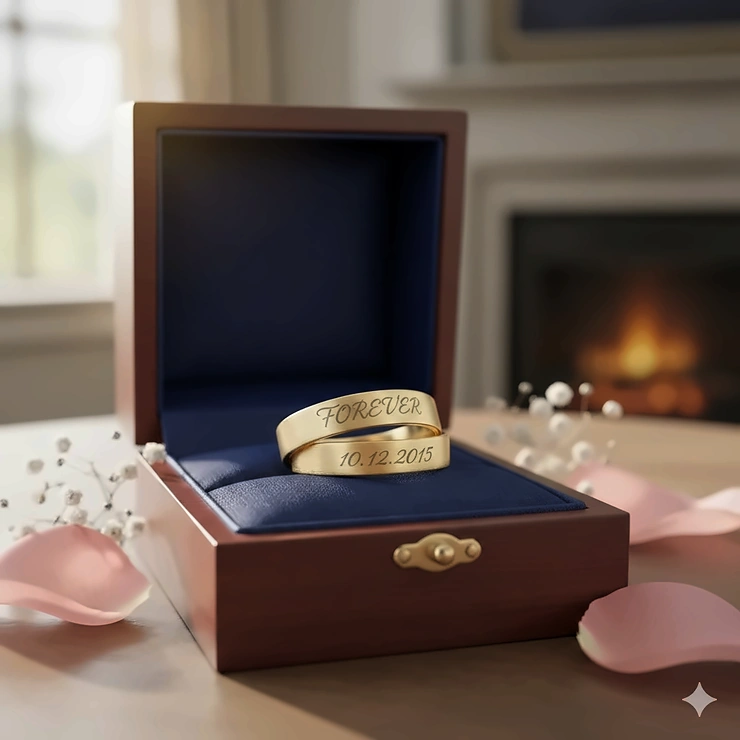 Pair of matching 14k gold engraved anniversary rings with a personalized wedding date and "Forever" inscription on a velvet cushion.