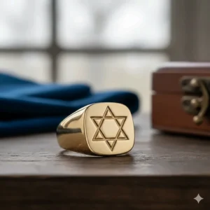 A 14k yellow gold signet ring with a detailed Star of David religious symbol.